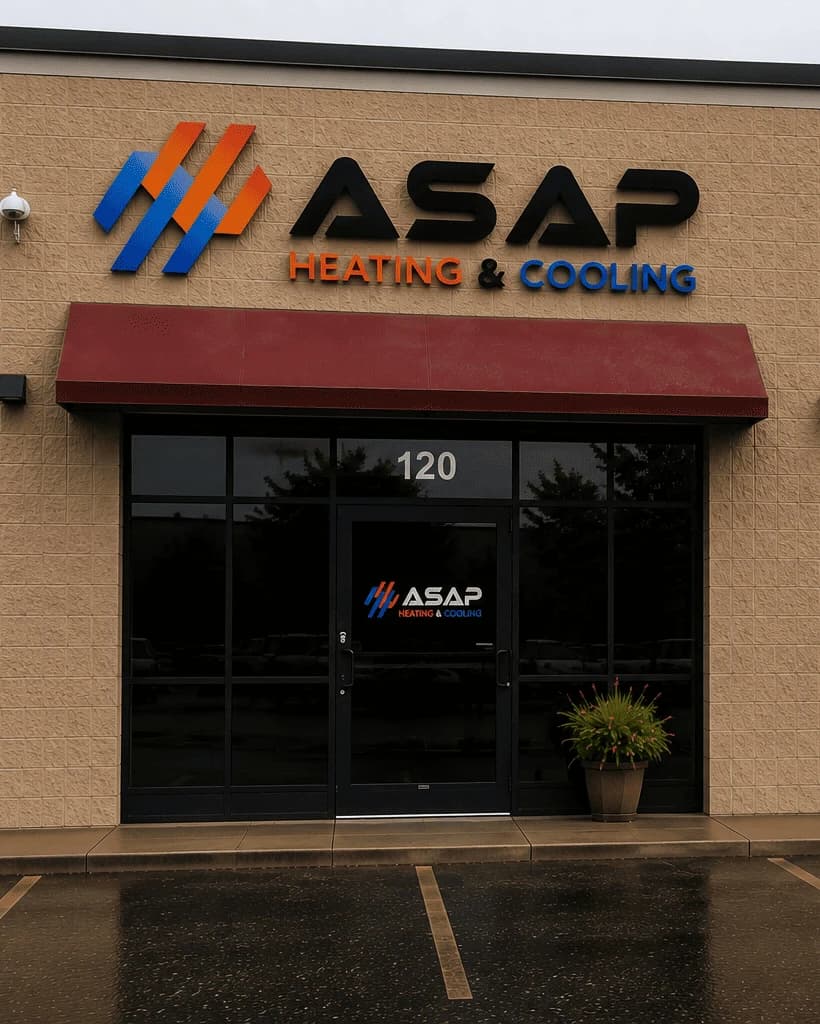 The ASAP Heating and Cooling premises, with the company signage above a red awning and the glass entrance door beneath it