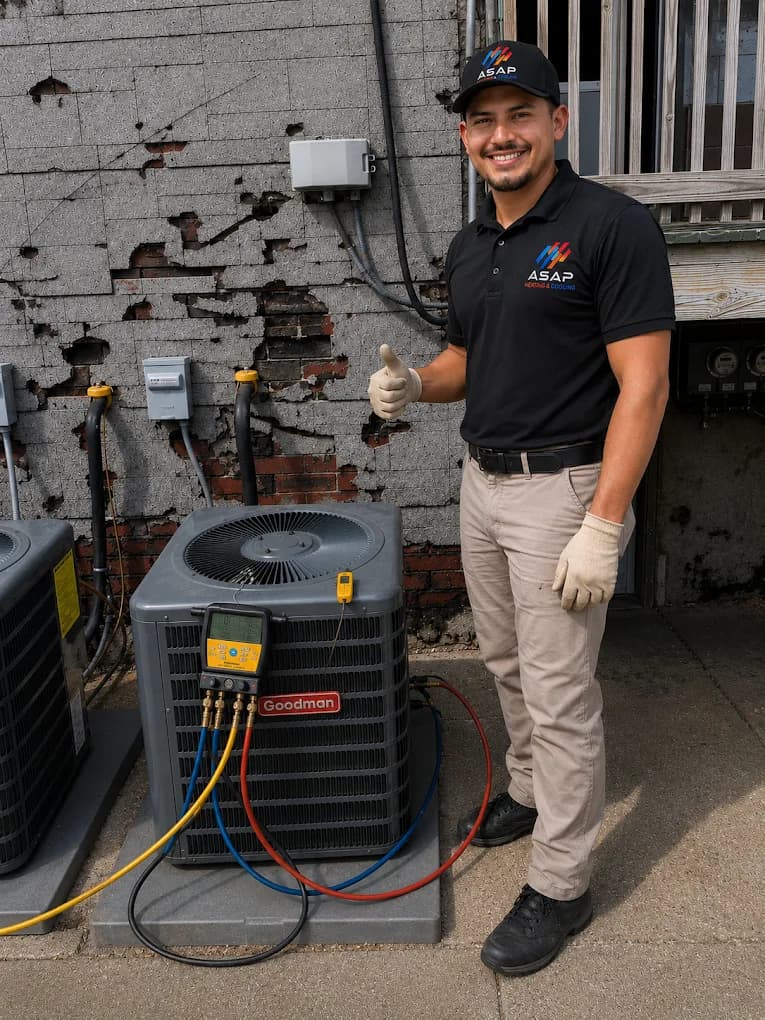 An ASAP Heating and Cooling technician standing beside an outdoor condenser with diagnostic gauges connected to it