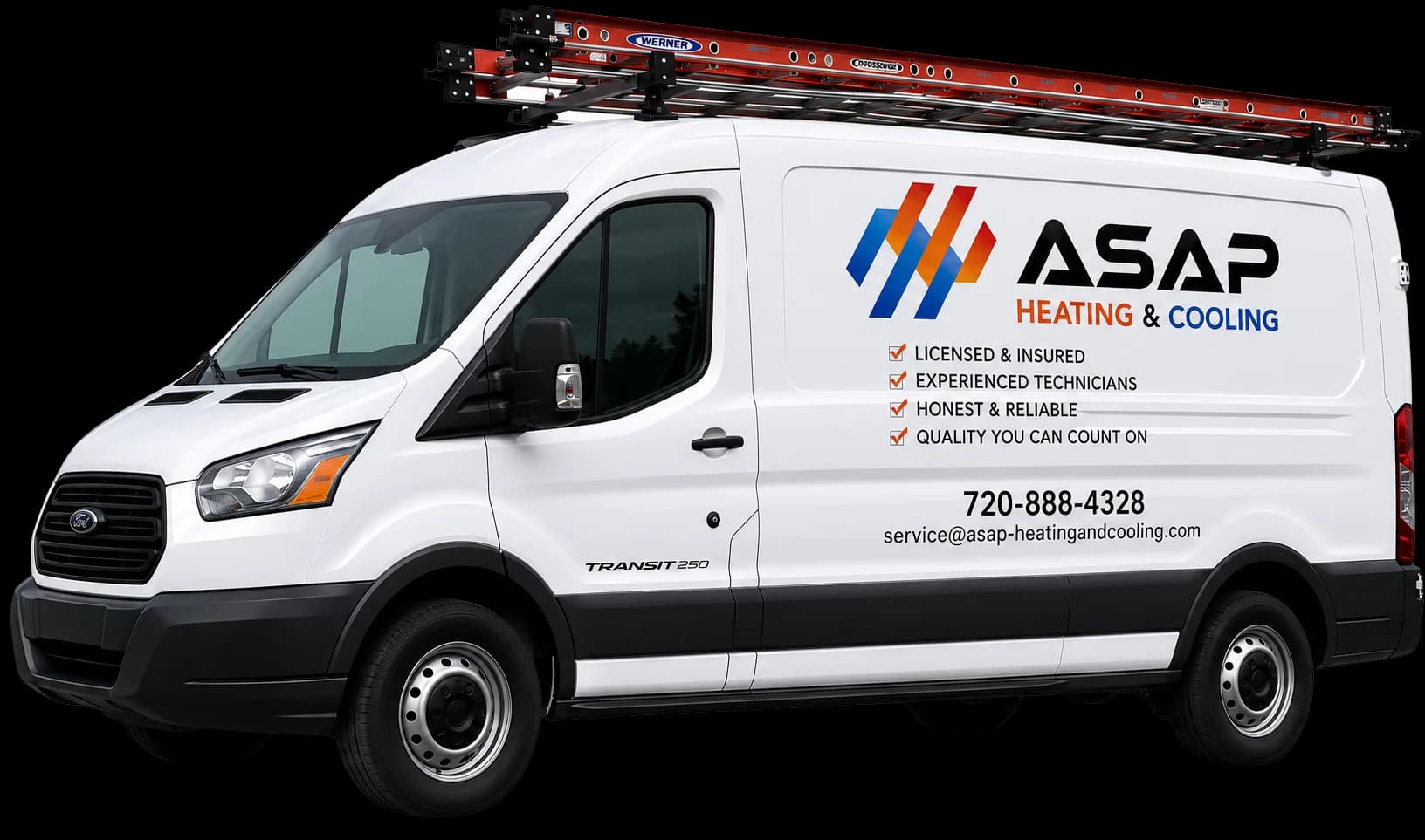 An ASAP Heating and Cooling service van with a ladder rack on the roof