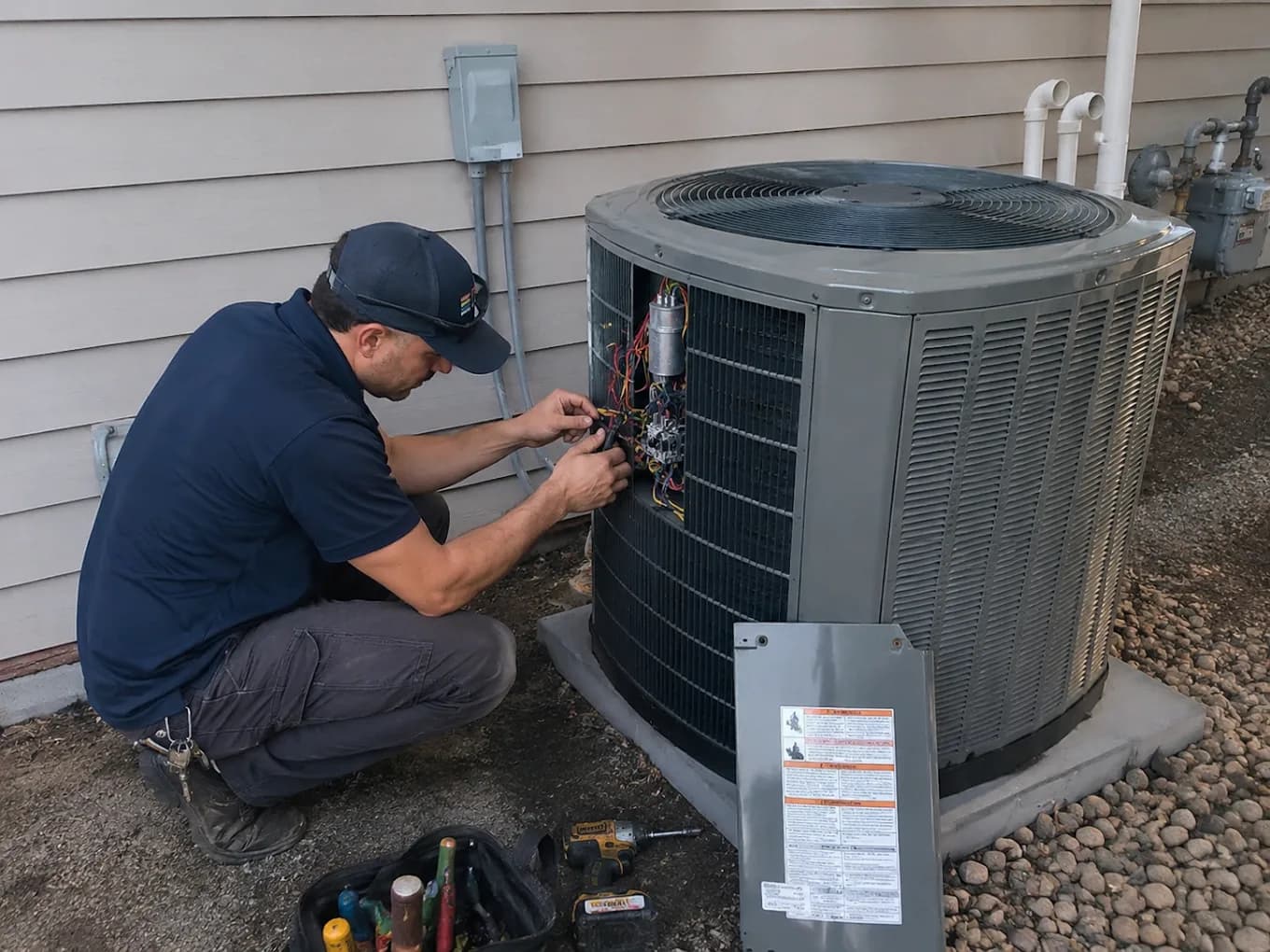 A technician working inside the electrical compartment of an outdoor air conditioning condenser, with the capacitor and control wiring exposed and a tool bag open on the ground