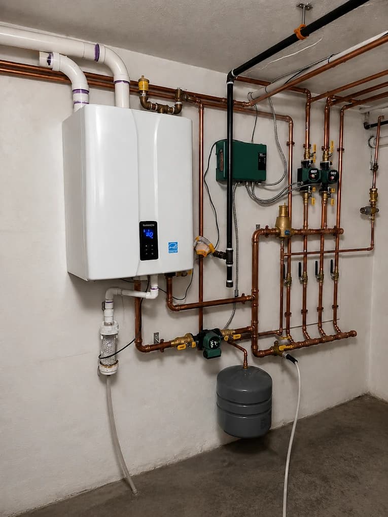 A wall-mounted heating unit with a copper manifold, shut-off valves and an expansion tank in a home mechanical space