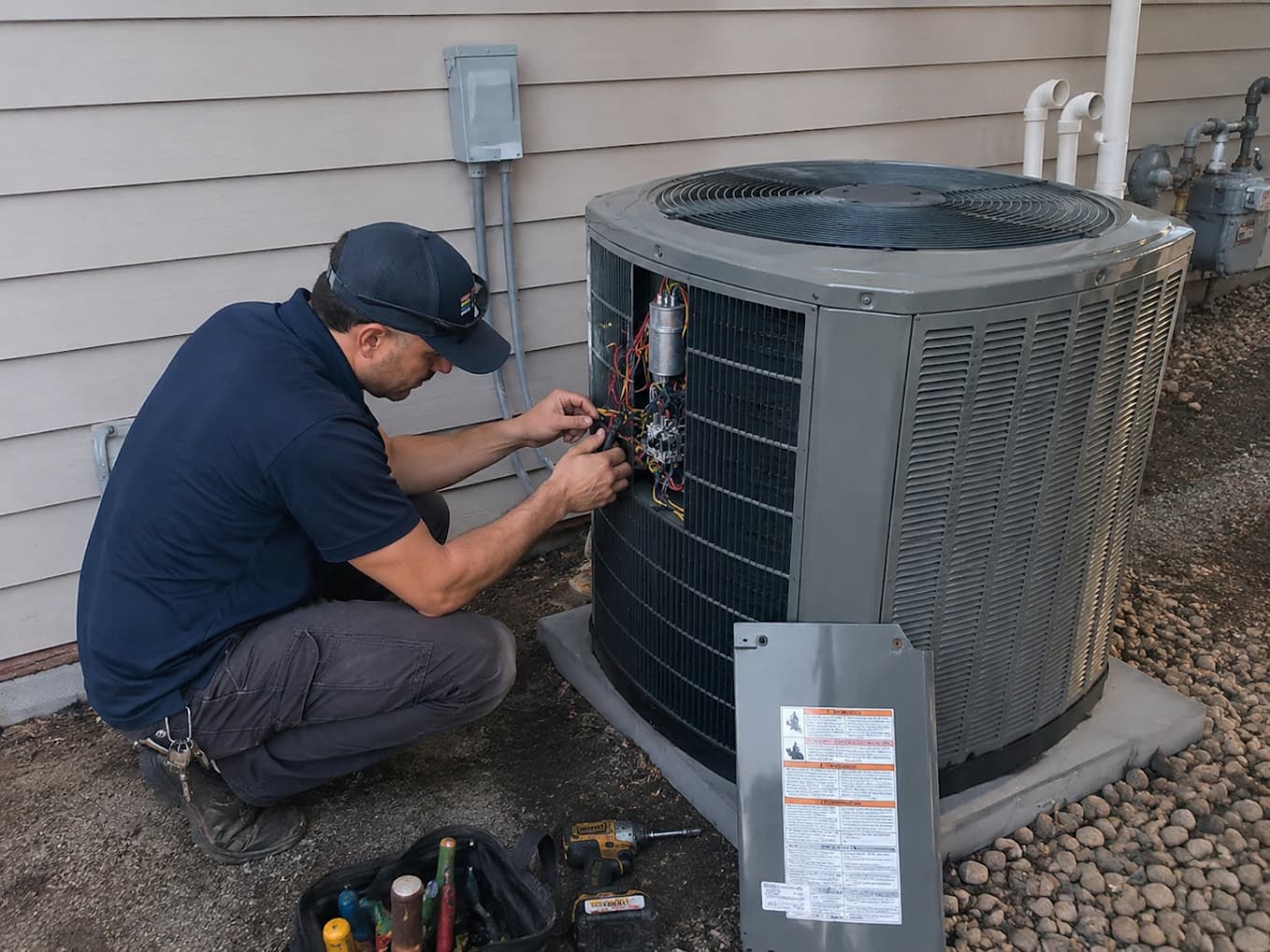 An ASAP Heating and Cooling technician with the service panel off an outdoor air conditioning unit, testing the wiring inside