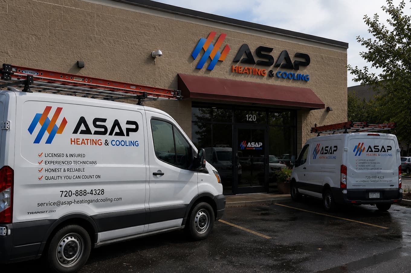Two branded ASAP Heating and Cooling HVAC service vans parked outside the company office